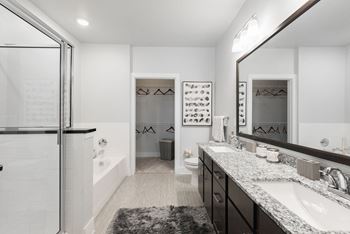 a bathroom with a large mirror and two sinks